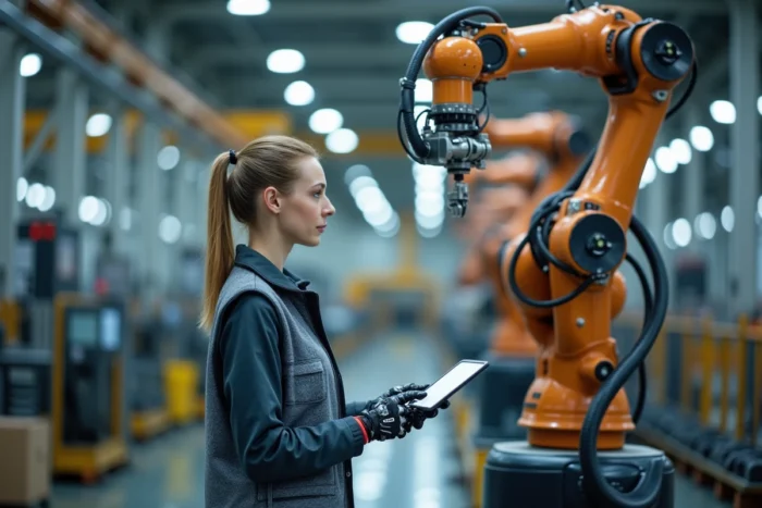 Technicienne programmant un bras robotique articulé sur une ligne d'assemblage automatisée en France