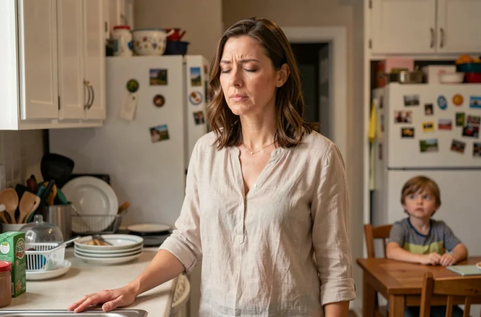 Une femme prend une pause consciente dans la cuisine avant de répondre à une situation familiale tendue
