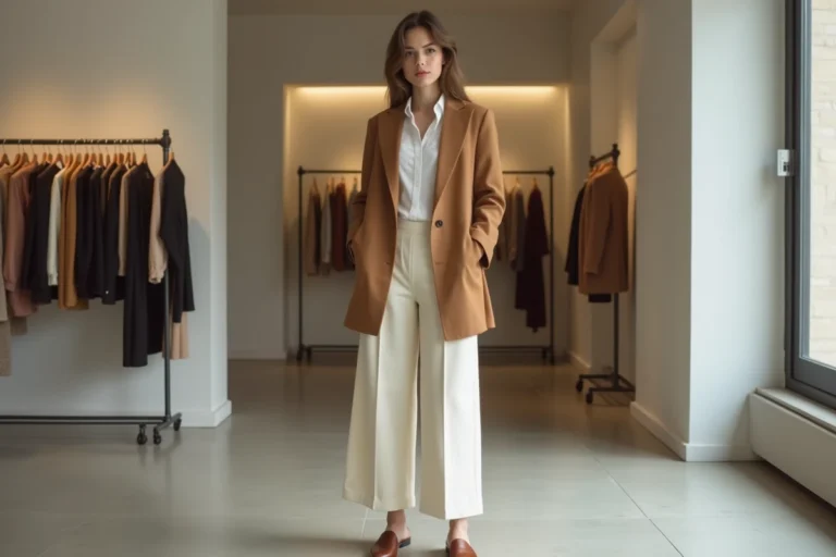 Femme portant un blazer camel oversize et un pantalon large crème dans une boutique de mode parisienne minimaliste