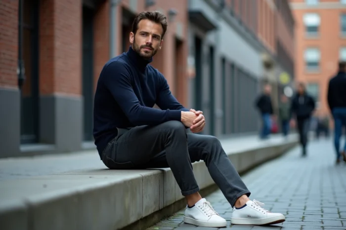 Homme en pull col roulé marine et pantalon en laine charbon assis sur un banc urbain en béton dans un décor industriel