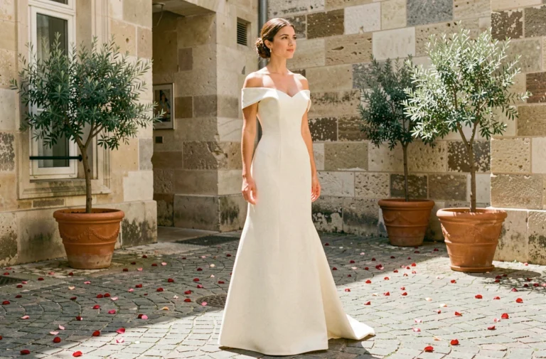 Mariée en robe minimaliste ivoire dans une cour parisienne en pierre, tendances mariage 2024