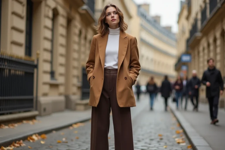 Femme élégante portant un blazer camel oversized et un pantalon large chocolat dans une rue pavée parisienne en automne, tendances mode automne-hiver