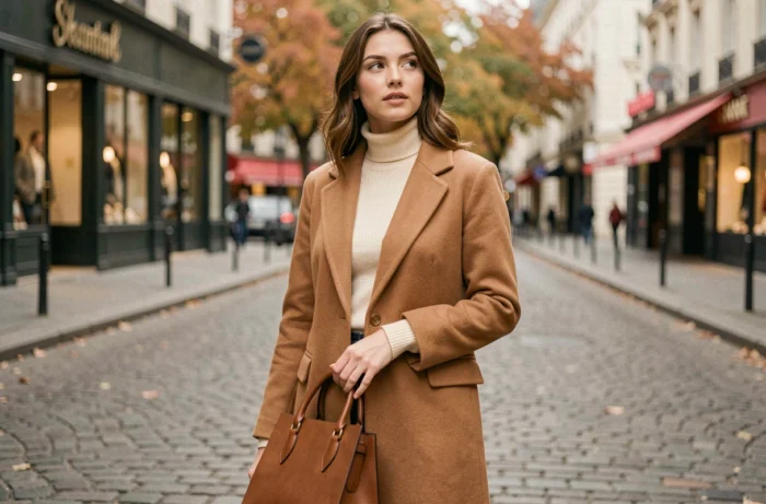 Femme élégante en manteau camel portant un sac en cuir structuré dans une rue pavée parisienne en automne, tendances mode automne-hiver