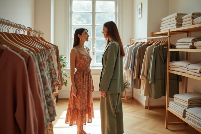 Deux femmes explorant des vêtements tendance sur un portant en bois dans un concept store contemporain aux tons chauds