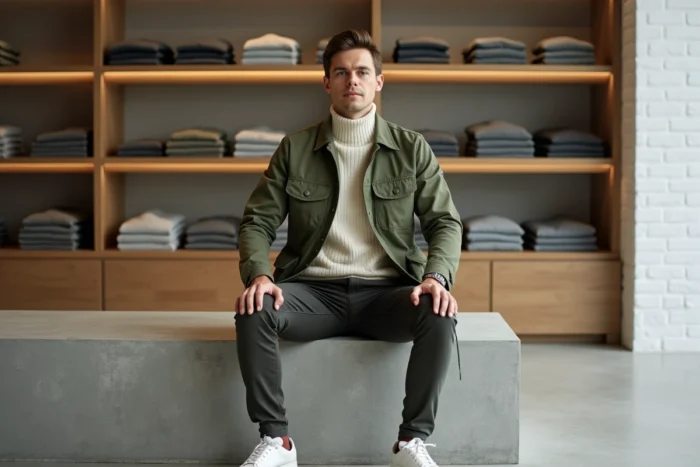 Homme élégant en veste utilitaire vert sauge et pull col roulé crème assis dans un concept store minimaliste moderne, mode masculine tendances saison