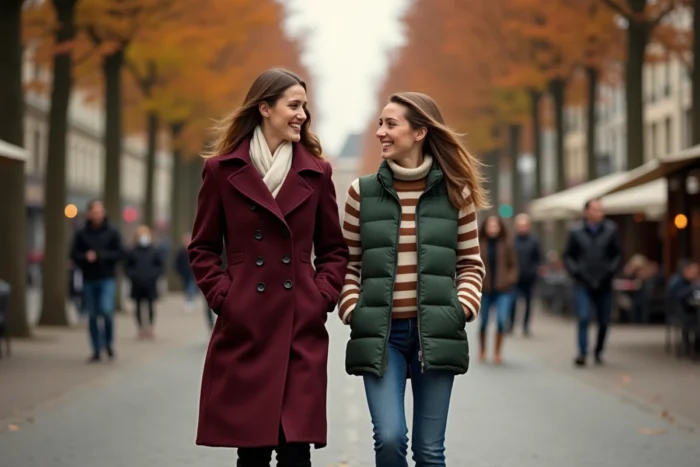 Deux femmes riant en marchant sur un boulevard parisien arboré en automne, portant un manteau burgundy et un gilet doudoune vert forêt, inspirations mode street style saison