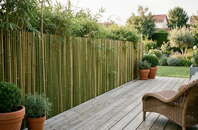Terrasse moderne avec brise-vue en bambou naturel offrant une intimité totale dans un jardin résidentiel