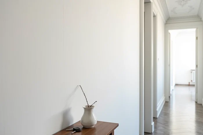 Gros plan sur la texture d'un papier peint blanc intissé dans un couloir de location avec console en bois et vase décoratif