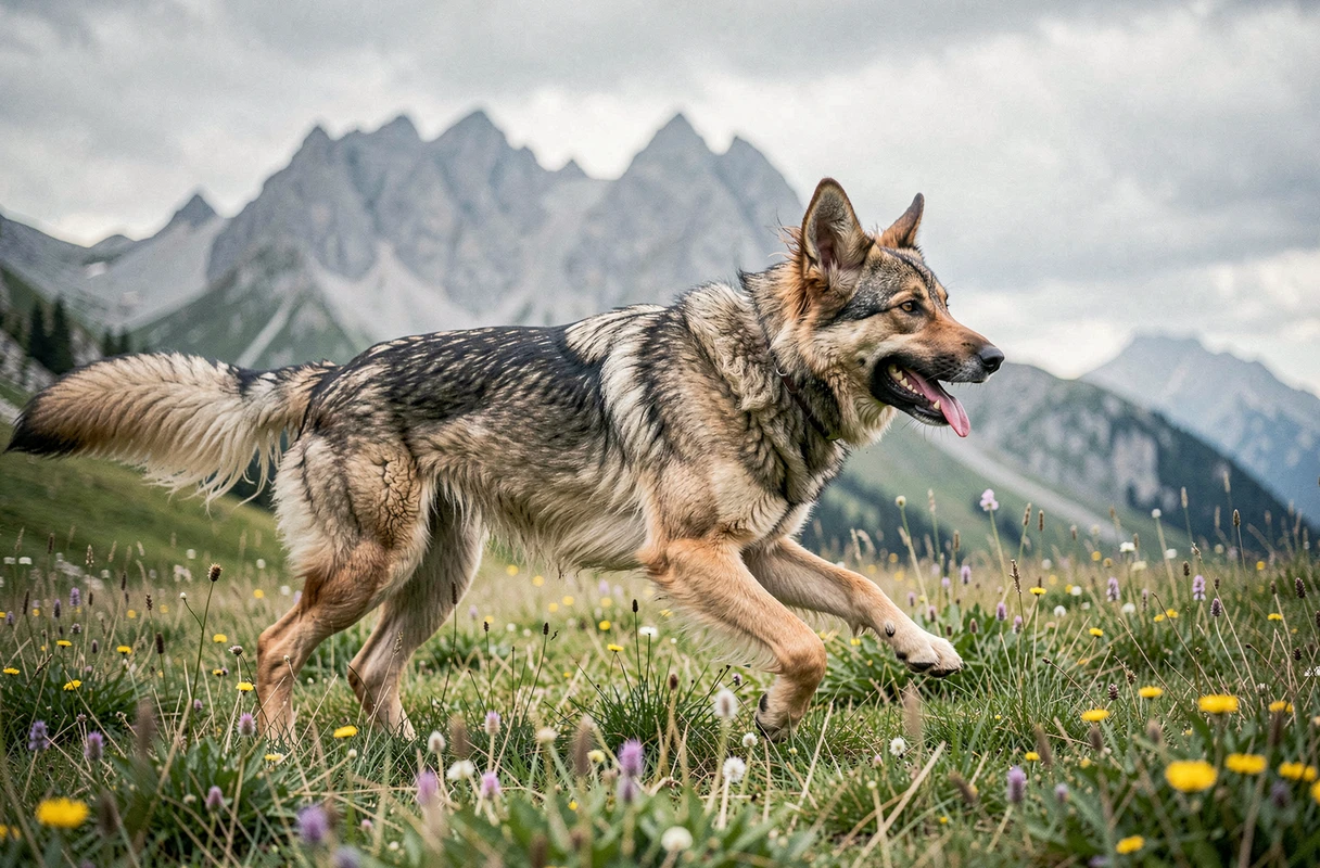 Chien Timber Shepherd en pleine course dans un pré alpin fleuri, montrant sa vitalité et son caractère dynamique