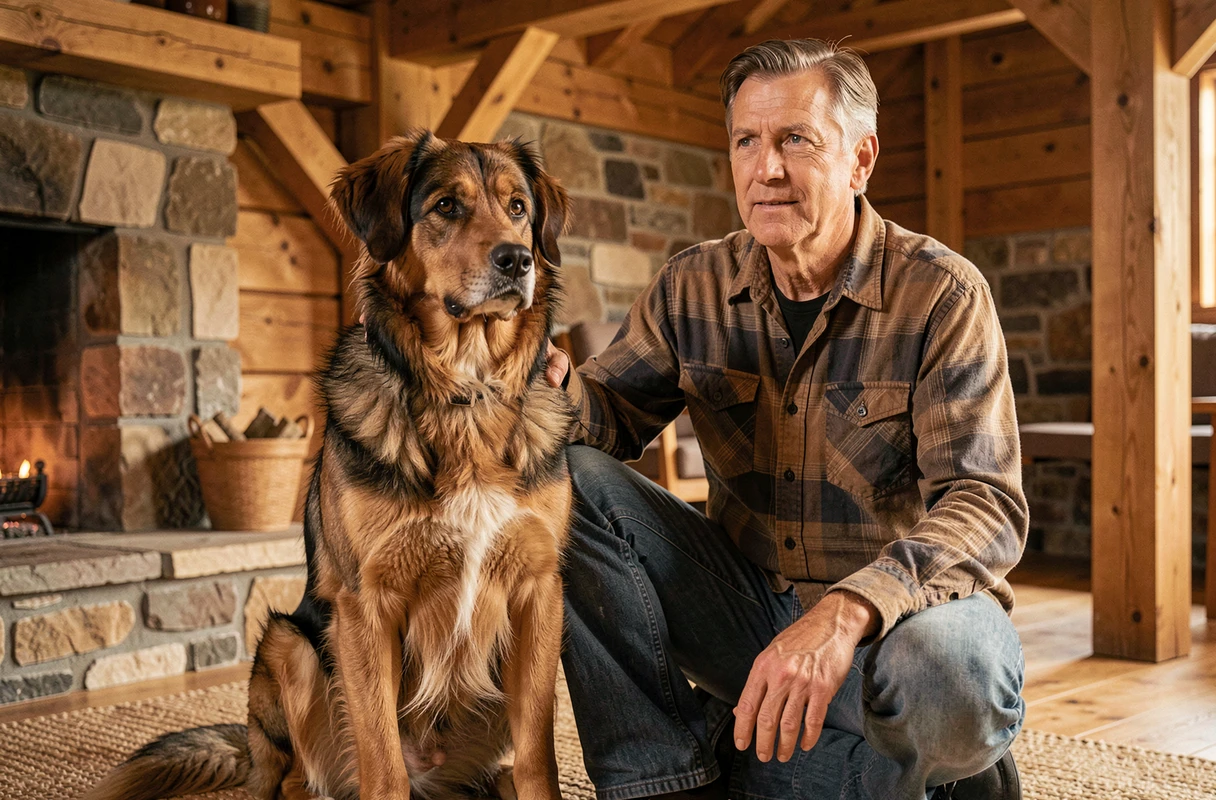 Propriétaire et chien Timber Shepherd dans une ferme rustique, scène de complicité intérieure