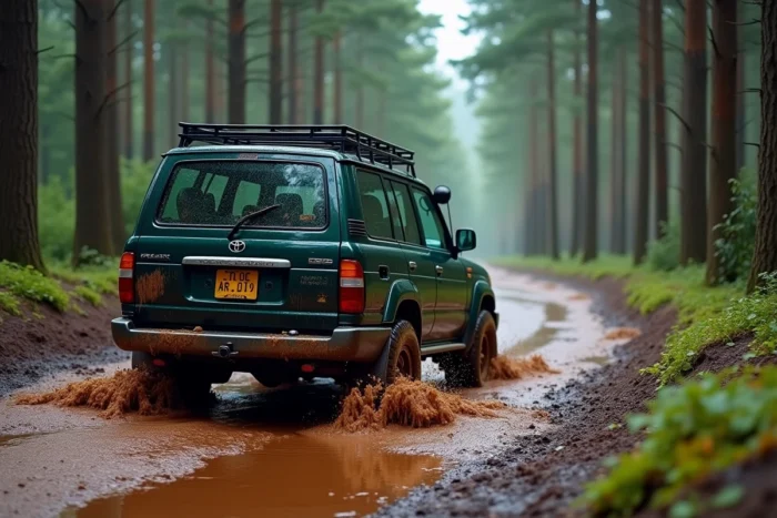 Toyota Land Cruiser 100 vert franchissant une piste forestière boueuse sous les pins, démontrant ses capacités exceptionnelles en tout-terrain