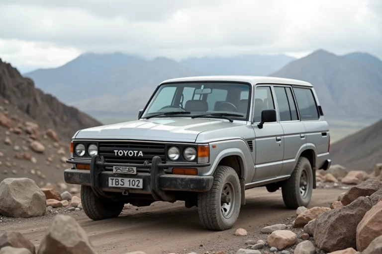 Toyota Land Cruiser 100 garé sur un plateau rocheux avec une chaîne de montagnes en arrière-plan, illustrant sa robustesse tout-terrain légendaire