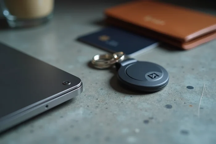 Traceur Bluetooth attaché à des clés de maison posées sur un comptoir en béton à côté d'un portefeuille
