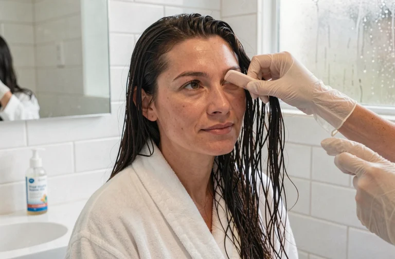 Femme aux cheveux mouillés se faisant peigner avec un peigne anti-poux dans une salle de bain