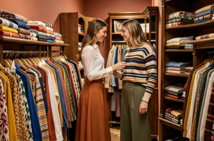 Deux femmes tendance choisissant des vêtements colorés dans une boutique de mode aux murs terracotta, univers fashion et inspirations style