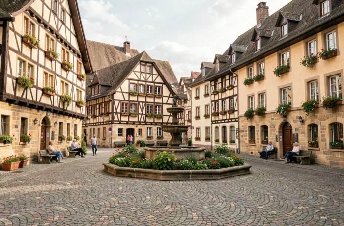 Place de village alsacien avec maisons à colombages dans la Communauté de Communes du Rhin