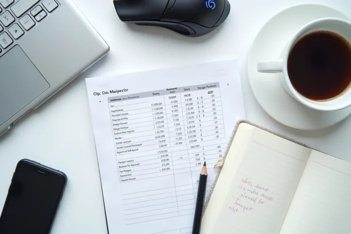 Vue aérienne d'un bureau avec un historique d'achat Valorant affiché sur un ordinateur portable et un carnet de budget manuscrit
